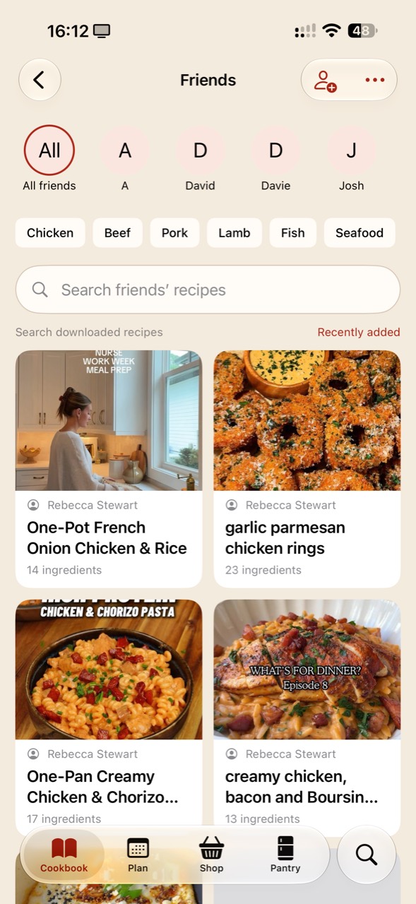 Zuppi iPhone Friends view with All friends and individual friend filters, recipe categories, search and shared recipe cards.