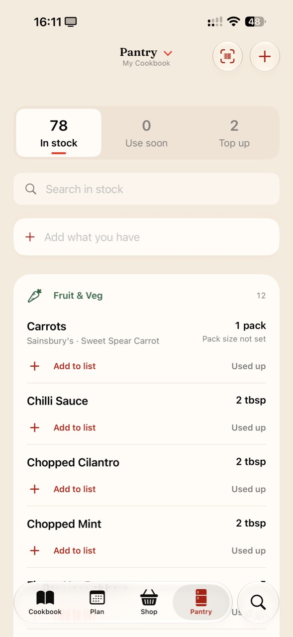 Zuppi iPhone pantry with In stock, Use soon and Top up views, plus Add to list and Used up controls.