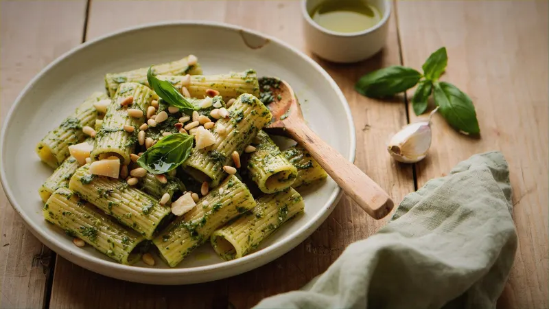 Rigatoni tossed in basil pesto with pine nuts, ready to bring to the table